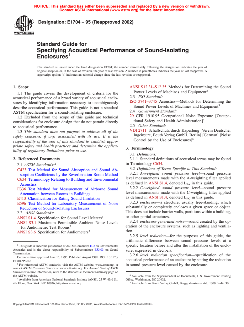 ASTM E1704-95(2002) - Standard Guide for Specifying Acoustical Performance of Sound-Isolating Enclosures