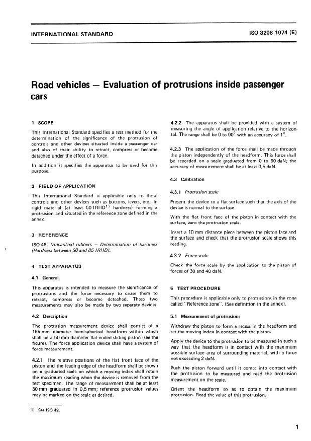 ISO 3208:1974 - Road vehicles -- Evaluation of protrusions inside passenger cars