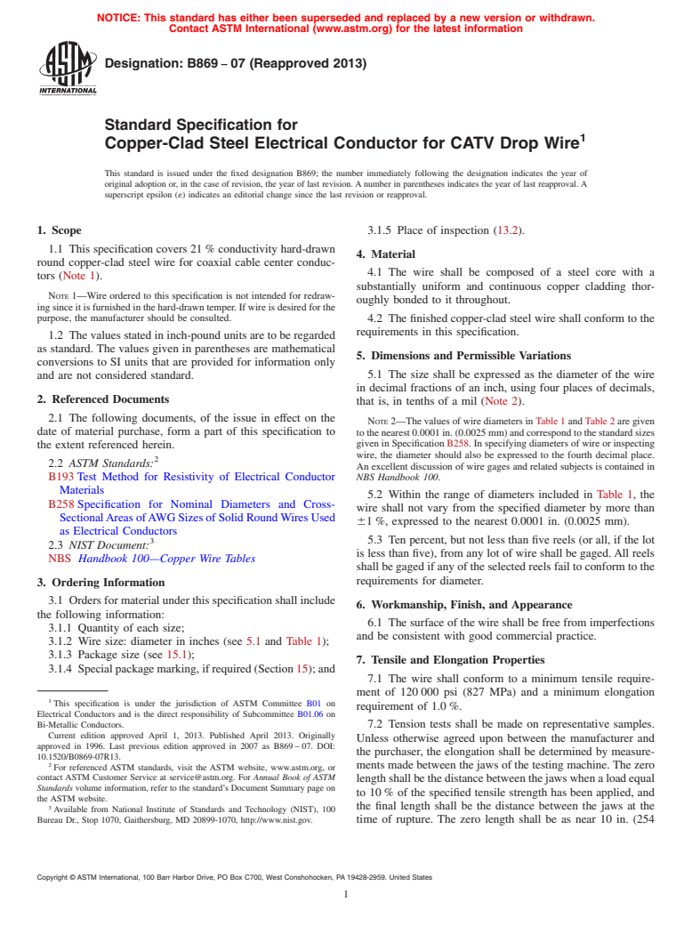 ASTM B869-07(2013) - Standard Specification for Copper-Clad Steel Electrical Conductor for CATV Drop Wire