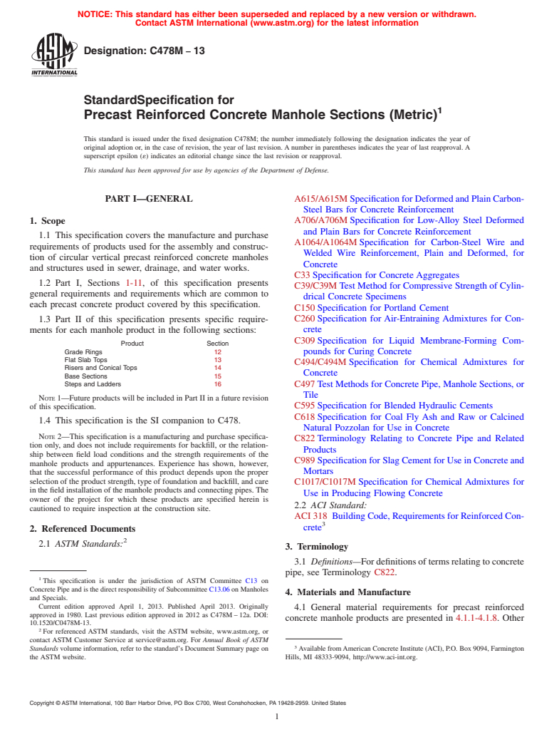 ASTM C478M-13 - Standard Specification for  Precast Reinforced Concrete Manhole Sections (Metric)