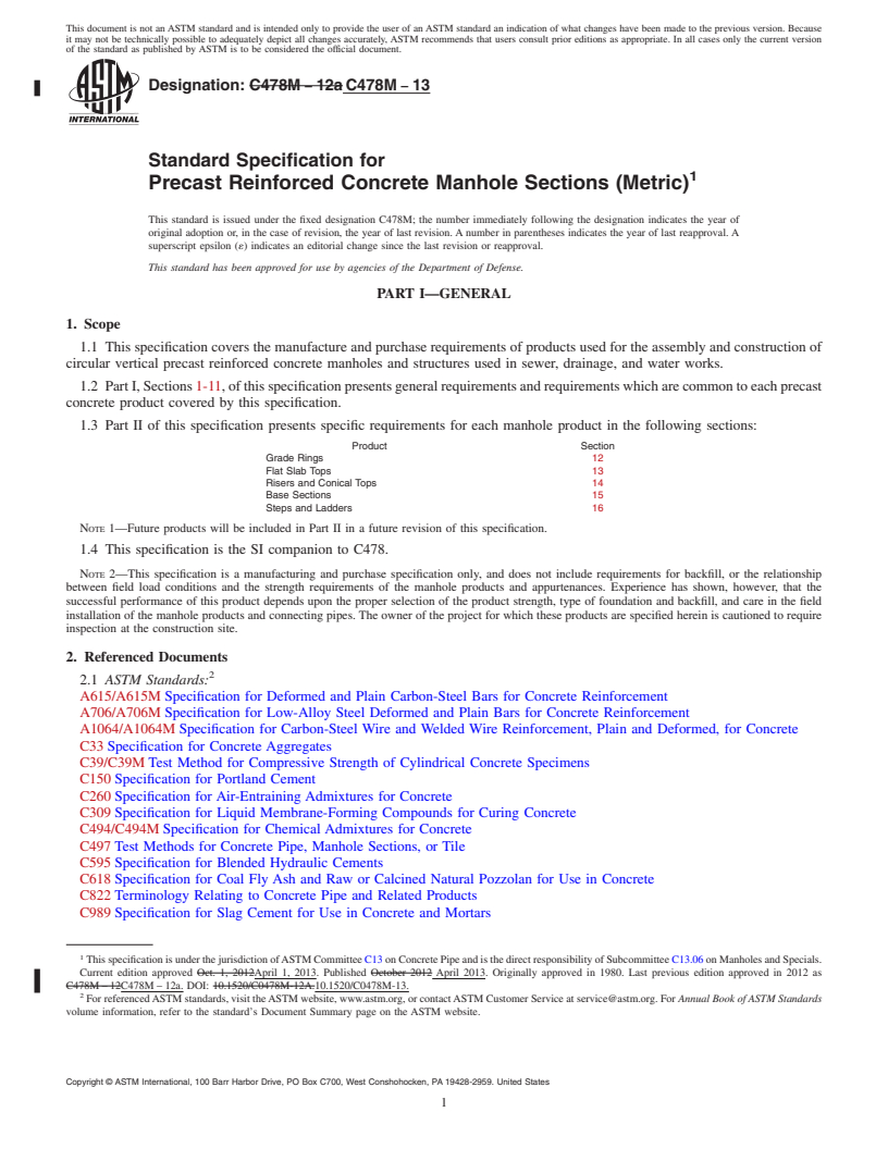 REDLINE ASTM C478M-13 - Standard Specification for  Precast Reinforced Concrete Manhole Sections (Metric)