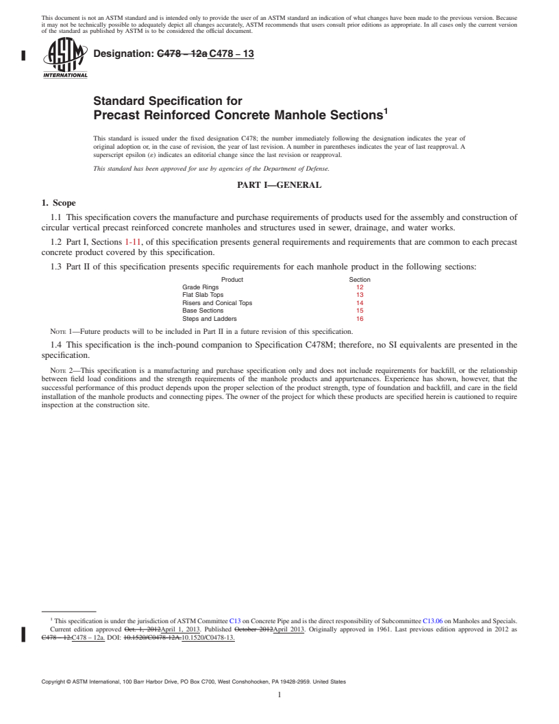 REDLINE ASTM C478-13 - Standard Specification for  Precast Reinforced Concrete Manhole Sections