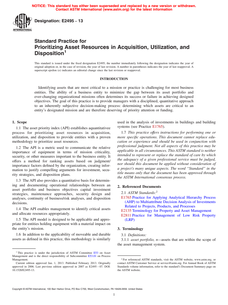 ASTM E2495-13 - Standard Practice for  Prioritizing Asset Resources in Acquisition, Utilization, and  Disposition