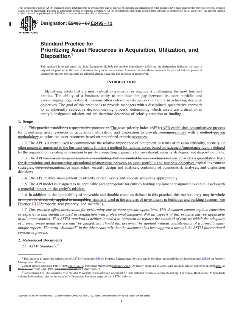 REDLINE ASTM E2495-13 - Standard Practice for  Prioritizing Asset Resources in Acquisition, Utilization, and  Disposition