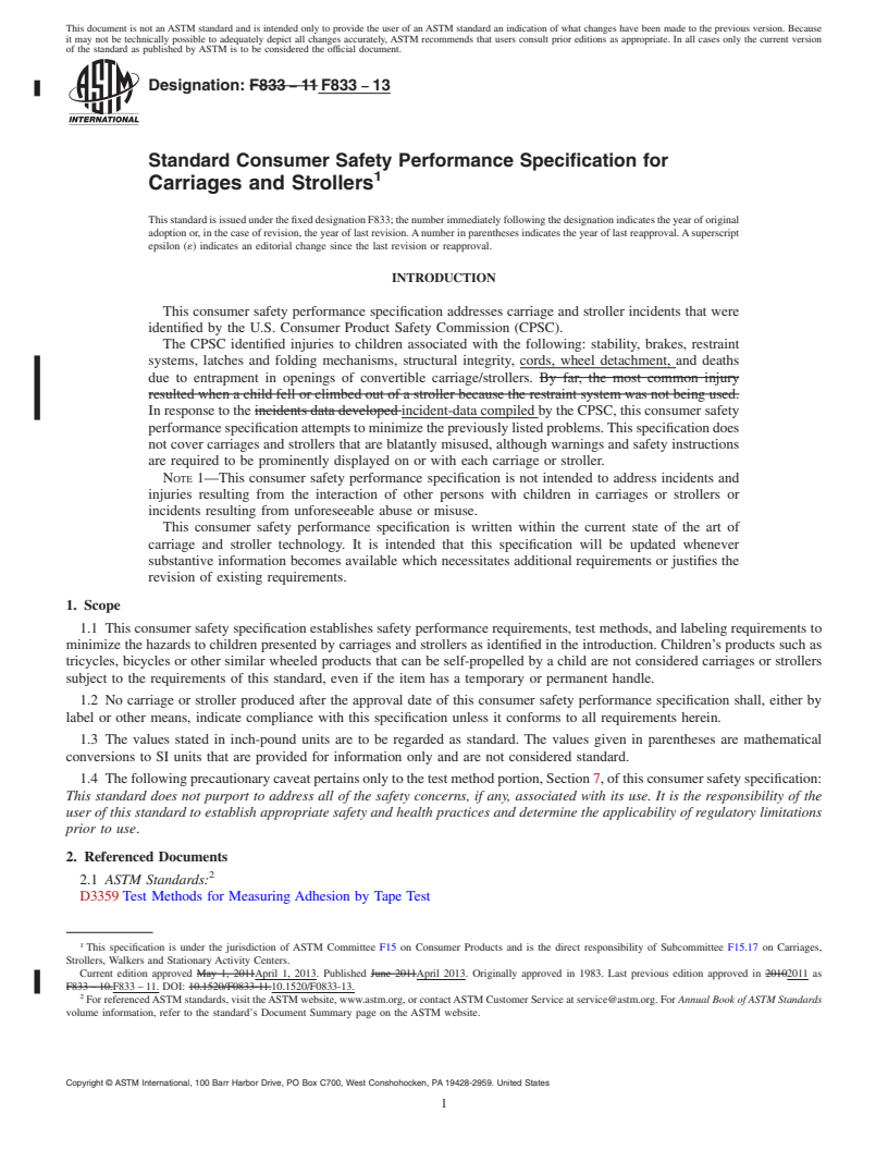 REDLINE ASTM F833-13 - Standard Consumer Safety Performance Specification for  Carriages and Strollers