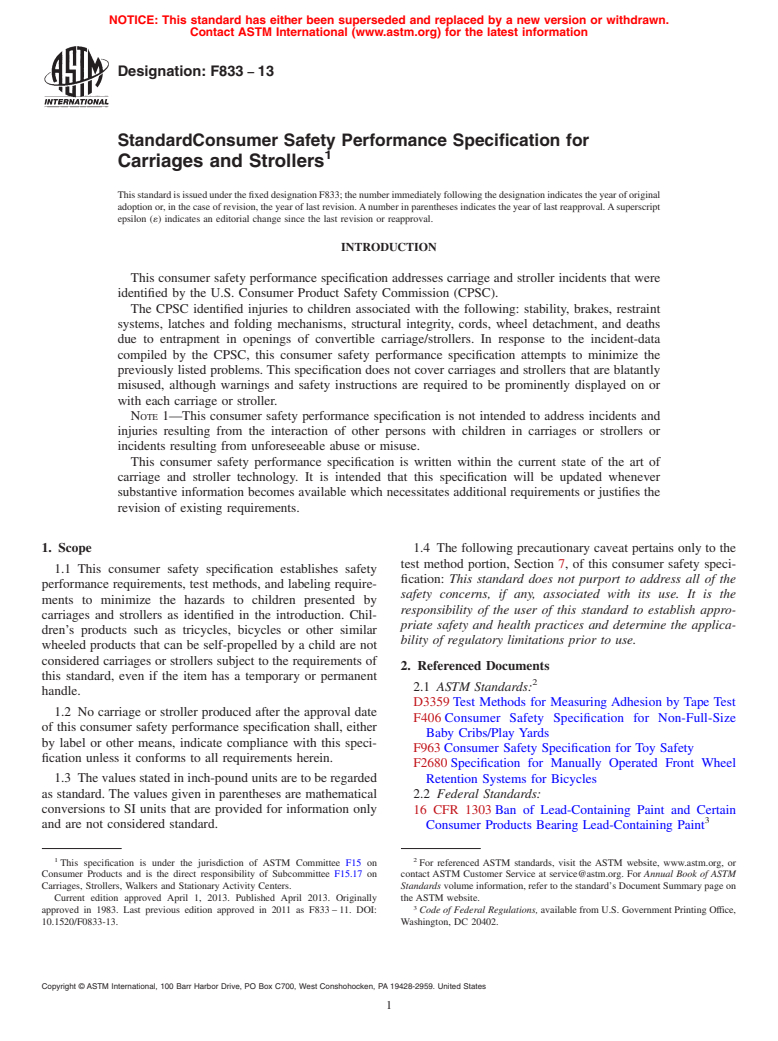 ASTM F833-13 - Standard Consumer Safety Performance Specification for  Carriages and Strollers