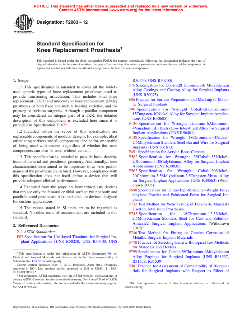 ASTM F2083-12 - Standard Specification for  Knee Replacement Prosthesis