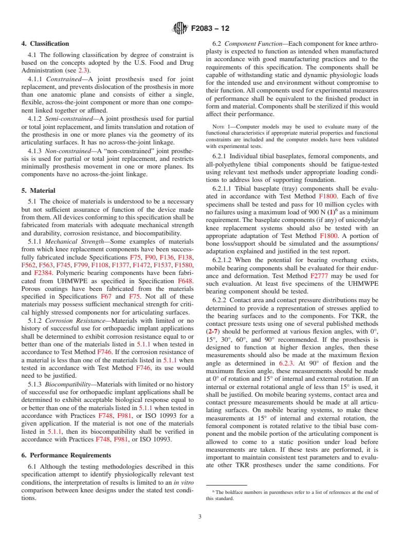 ASTM F2083-12 - Standard Specification for  Knee Replacement Prosthesis