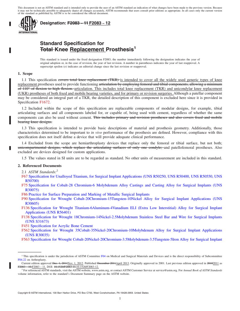 REDLINE ASTM F2083-12 - Standard Specification for  Knee Replacement Prosthesis