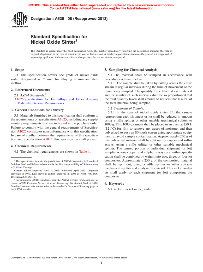 ASTM A636-08(2013) - Standard Specification for  Nickel Oxide Sinter