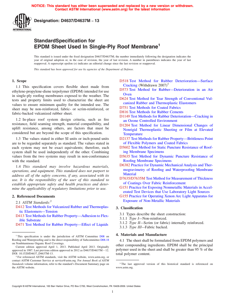 ASTM D4637/D4637M-13 - Standard Specification for  EPDM Sheet Used In Single-Ply Roof Membrane