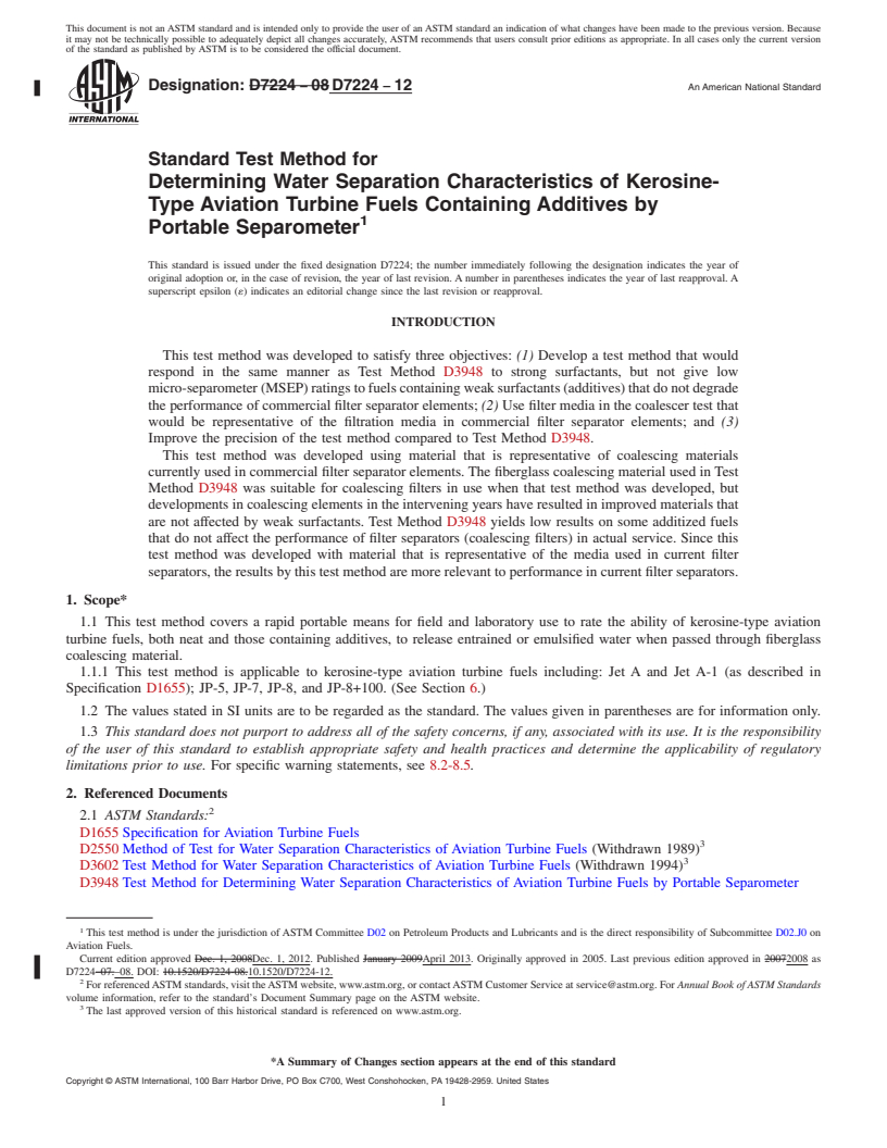 REDLINE ASTM D7224-12 - Standard Test Method for Determining Water Separation Characteristics of Kerosine-Type  Aviation Turbine Fuels Containing Additives by Portable Separometer