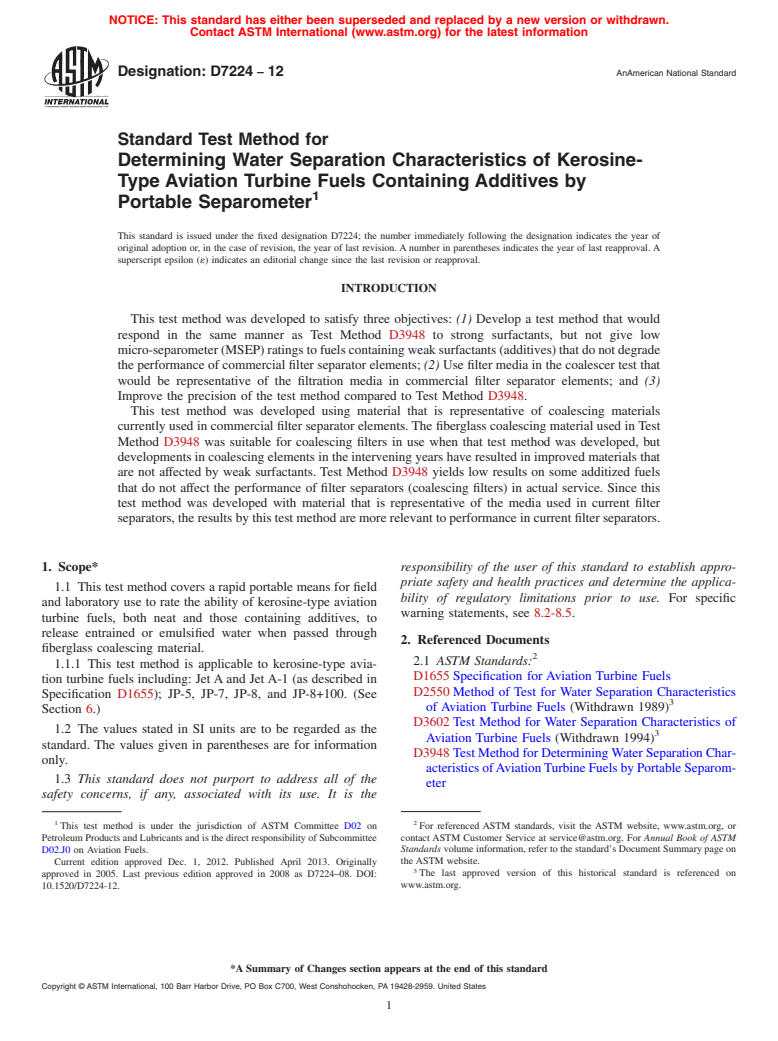 ASTM D7224-12 - Standard Test Method for Determining Water Separation Characteristics of Kerosine-Type  Aviation Turbine Fuels Containing Additives by Portable Separometer