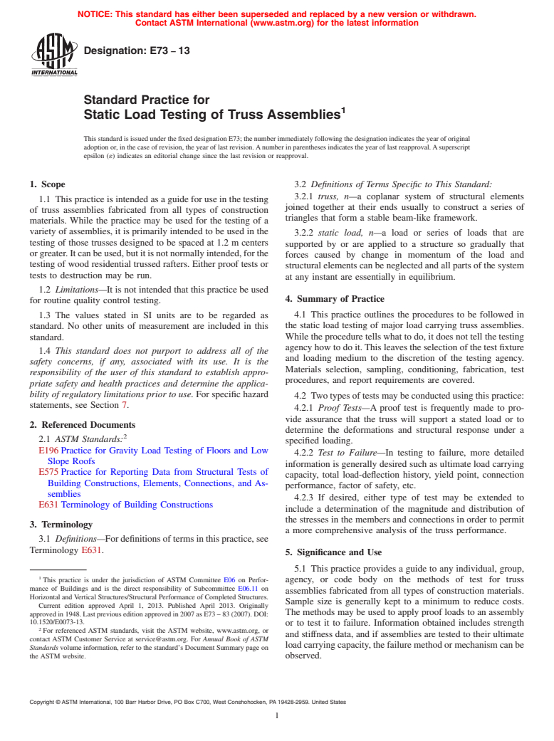 ASTM E73-13 - Standard Practice for  Static Load Testing of Truss Assemblies