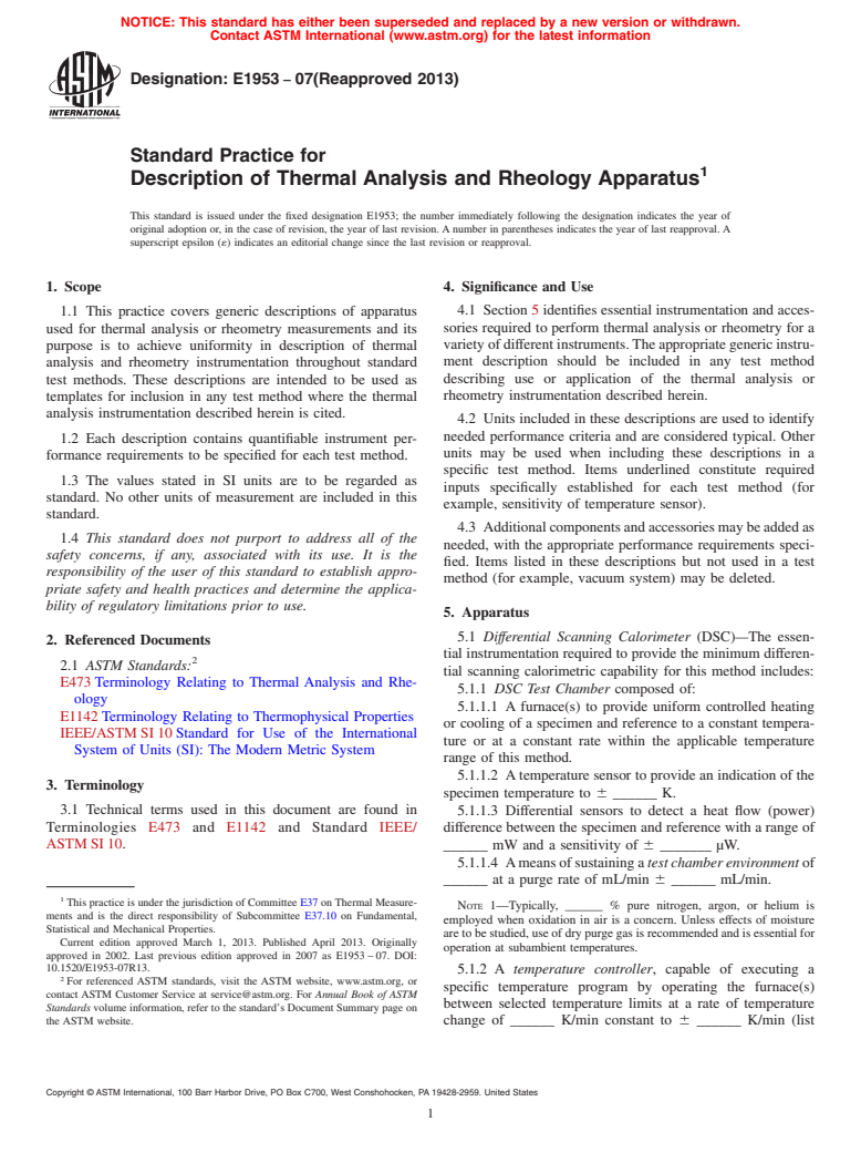 ASTM E1953-07(2013) - Standard Practice for  Description of Thermal Analysis and Rheology Apparatus