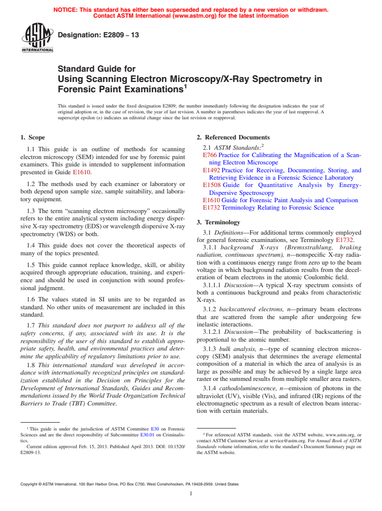 ASTM E2809-13 - Standard Guide for Using Scanning Electron Microscopy/X-Ray Spectrometry in Forensic  Paint Examinations