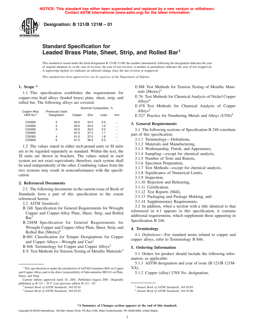 ASTM B121/B121M-01 - Standard Specification For Leaded Brass Plate ...