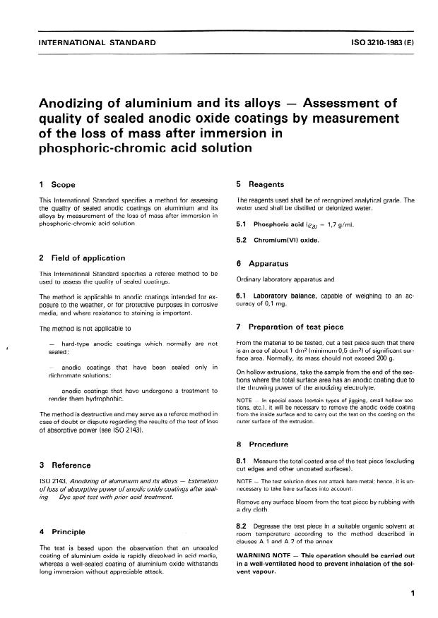 ISO 3210:1983 - Anodizing of aluminium and its alloys -- Assessment of quality of sealed anodic oxide coatings by measurement of the loss of mass after immersion in phosphoric-chromic acid solution