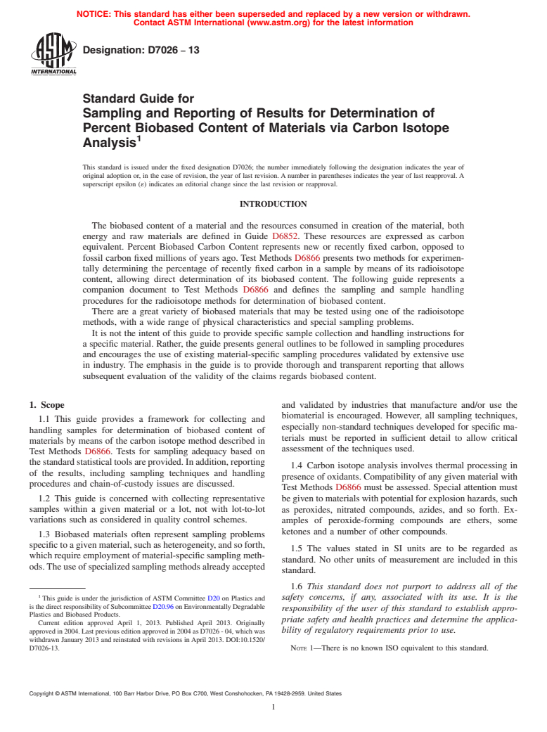 ASTM D7026-13 - Standard Guide for Sampling and Reporting of Results for Determination of Biobased Content of Materials via Carbon Isotope Analysis (Withdrawn 2020)