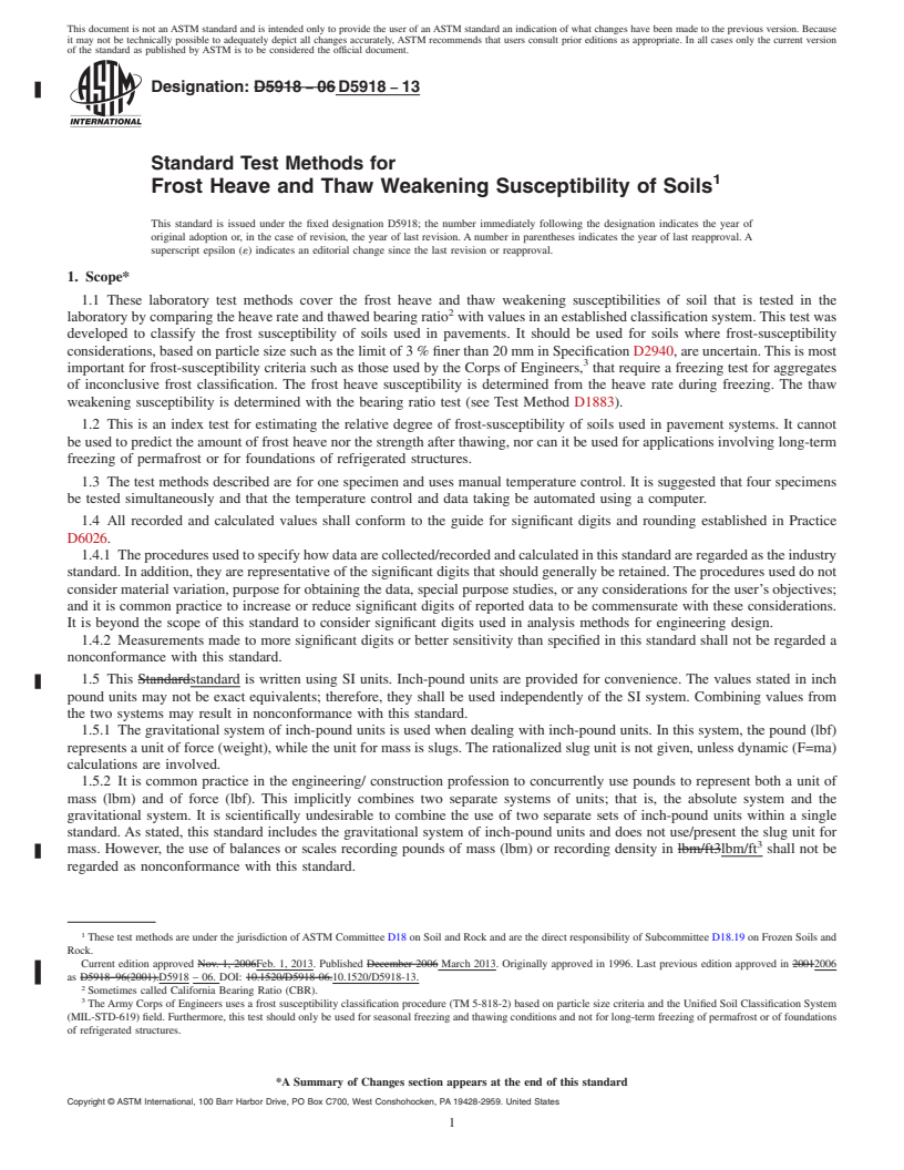 REDLINE ASTM D5918-13 - Standard Test Methods for  Frost Heave and Thaw Weakening Susceptibility of Soils