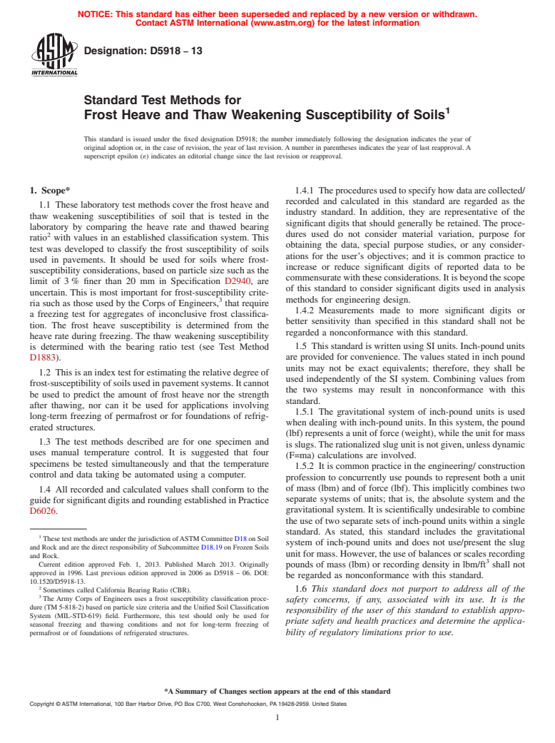 ASTM D5918-13 - Standard Test Methods for  Frost Heave and Thaw Weakening Susceptibility of Soils