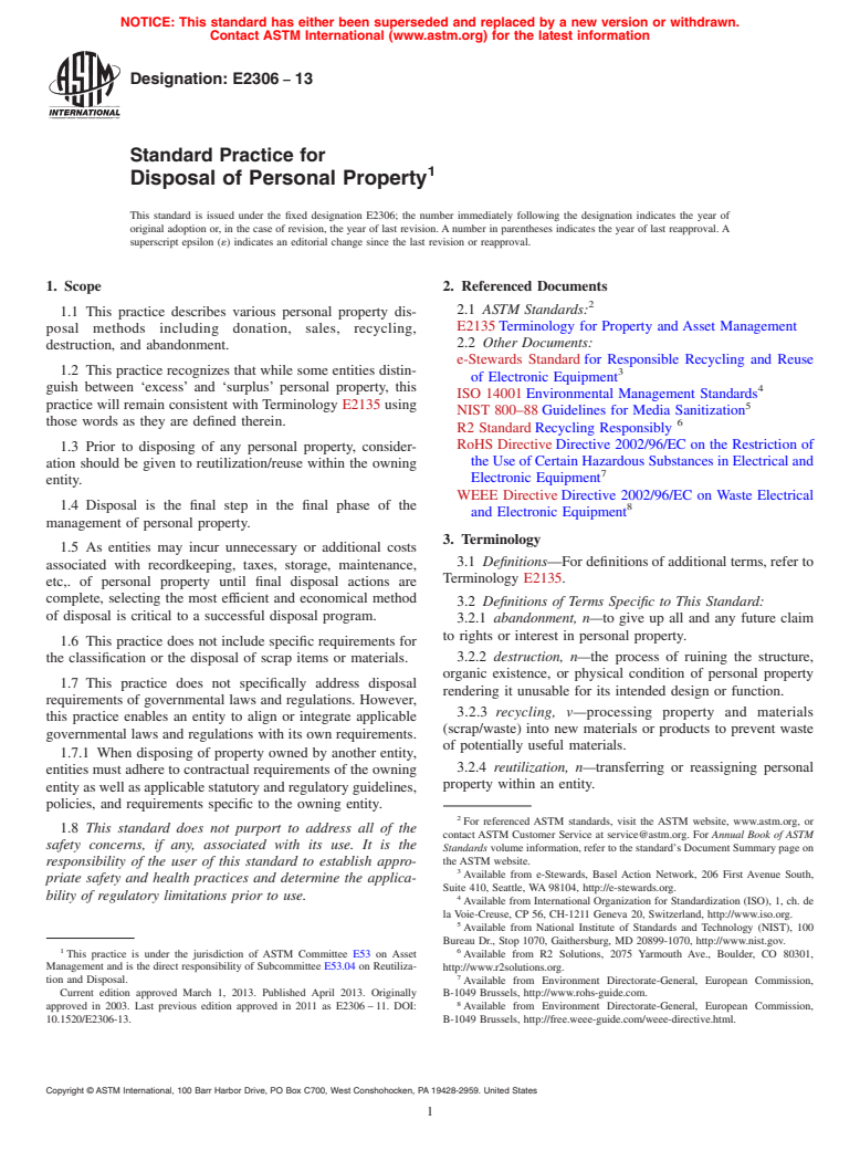 ASTM E2306-13 - Standard Practice for  Disposal of Personal Property