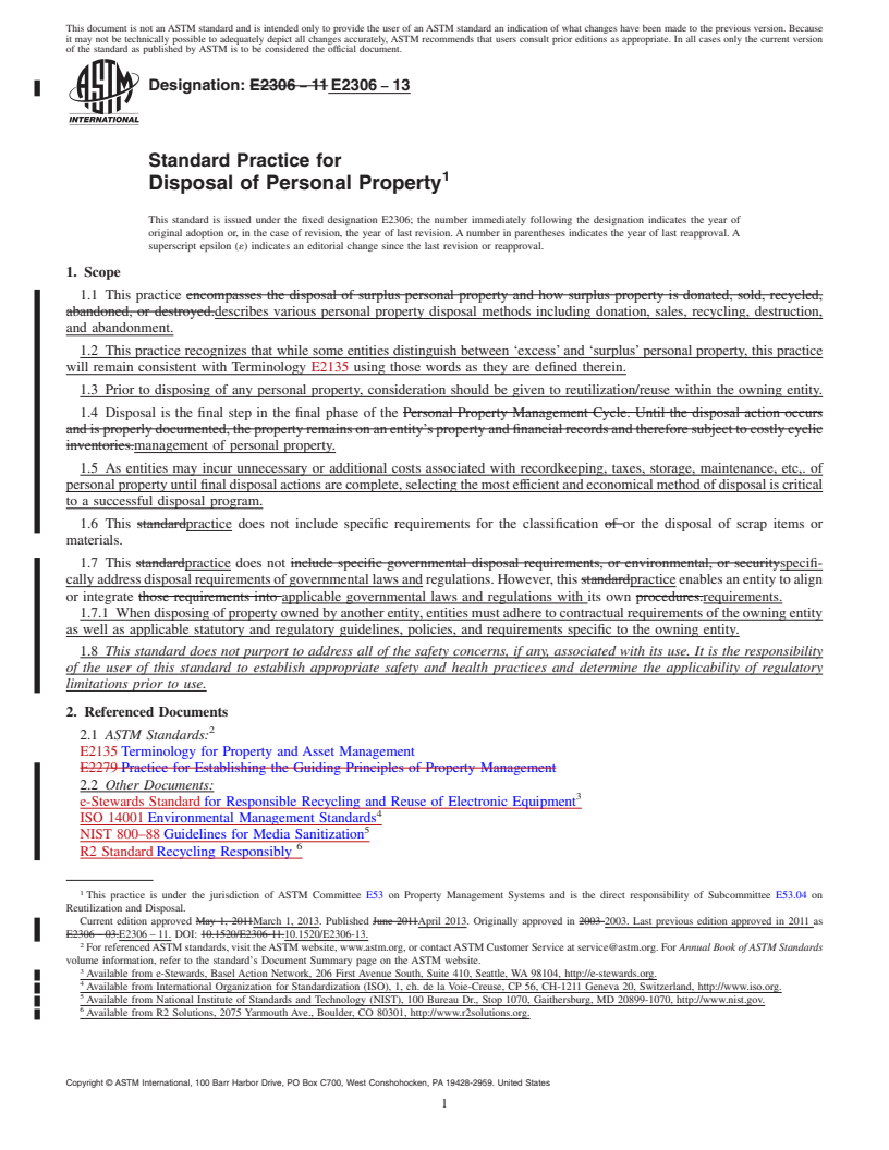 REDLINE ASTM E2306-13 - Standard Practice for  Disposal of Personal Property