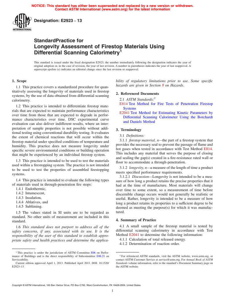 ASTM E2923-13 - Standard Practice for Longevity Assessment of Firestop Materials Using Differential  Scanning Calorimetry