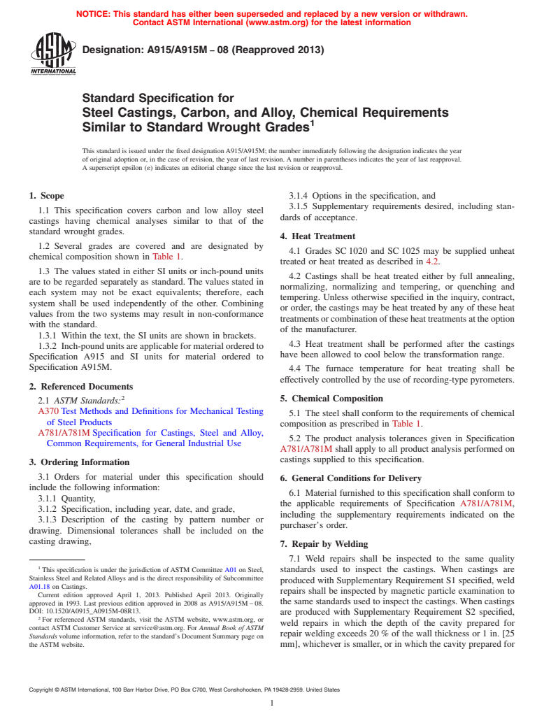 ASTM A915/A915M-08(2013) - Standard Specification for  Steel Castings, Carbon, and Alloy, Chemical Requirements Similar  to Standard Wrought Grades