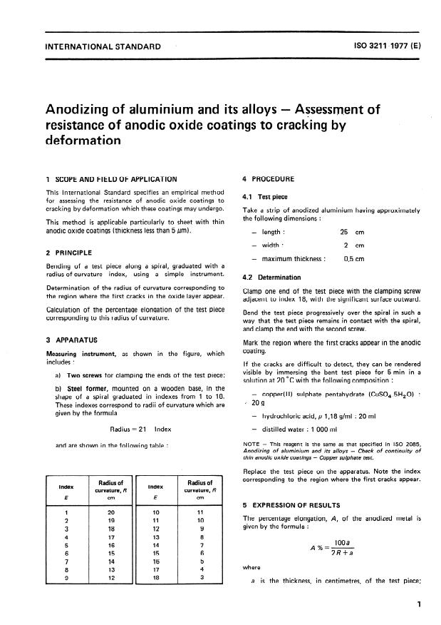 ISO 3211:1977 - Anodizing of aluminium and its alloys -- Assessment of resistance of anodic oxide coatings to cracking by deformation