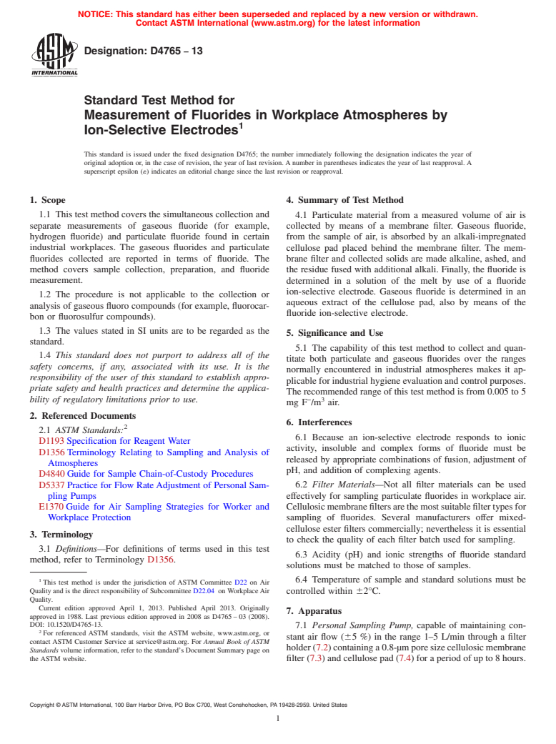 ASTM D4765-13 - Standard Test Method for Measurement of Fluorides in Workplace Atmospheres by Ion-Selective  Electrodes