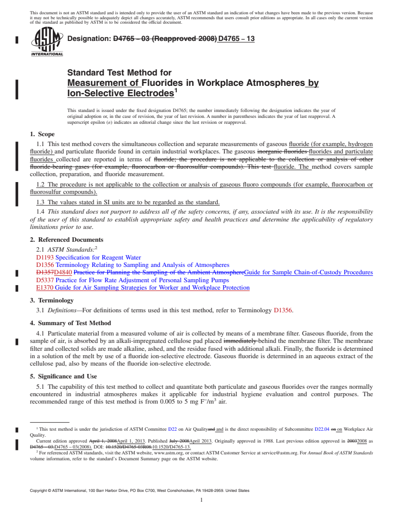 REDLINE ASTM D4765-13 - Standard Test Method for Measurement of Fluorides in Workplace Atmospheres by Ion-Selective  Electrodes