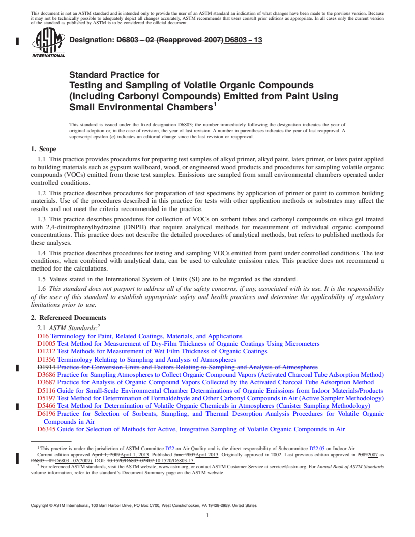 REDLINE ASTM D6803-13 - Standard Practice for Testing and Sampling of Volatile Organic Compounds (Including  Carbonyl Compounds) Emitted from Paint Using Small Environmental Chambers