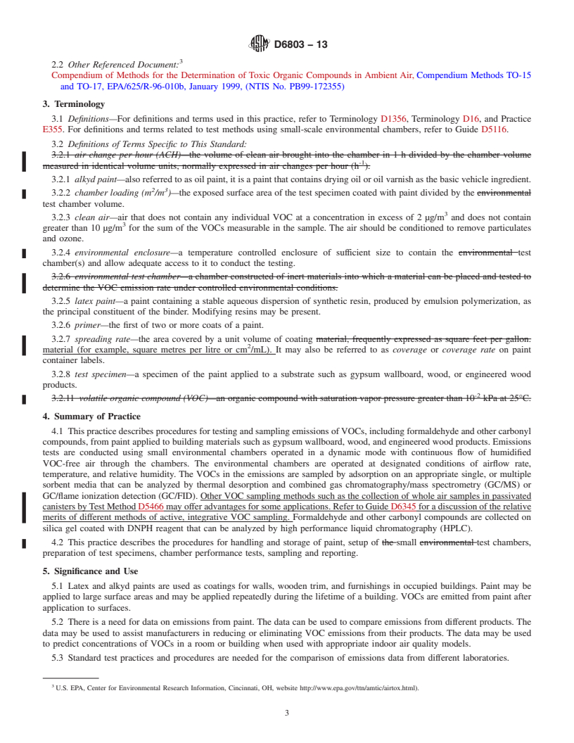 REDLINE ASTM D6803-13 - Standard Practice for Testing and Sampling of Volatile Organic Compounds (Including  Carbonyl Compounds) Emitted from Paint Using Small Environmental Chambers