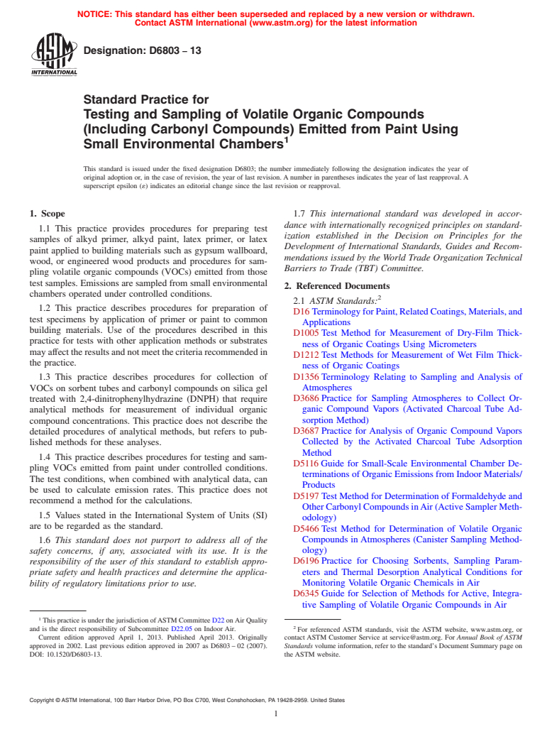 ASTM D6803-13 - Standard Practice for Testing and Sampling of Volatile Organic Compounds (Including  Carbonyl Compounds) Emitted from Paint Using Small Environmental Chambers