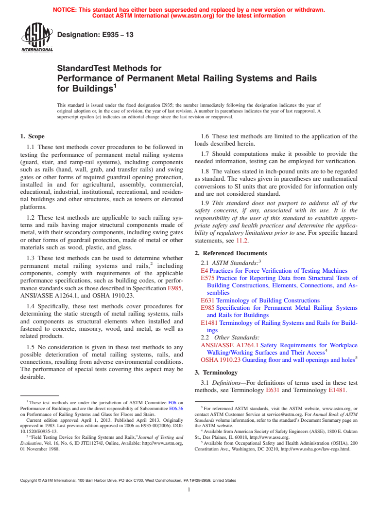ASTM E935-13 - Standard Test Methods for  Performance of Permanent Metal Railing Systems and Rails for  Buildings