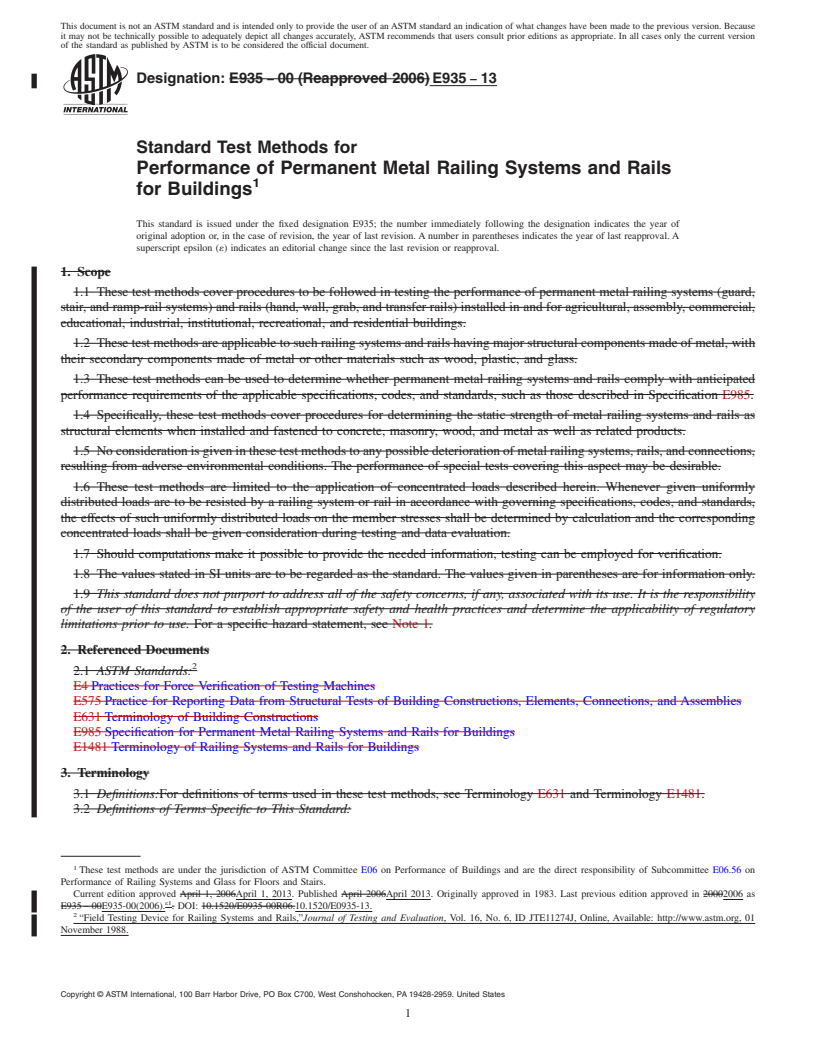 REDLINE ASTM E935-13 - Standard Test Methods for  Performance of Permanent Metal Railing Systems and Rails for  Buildings