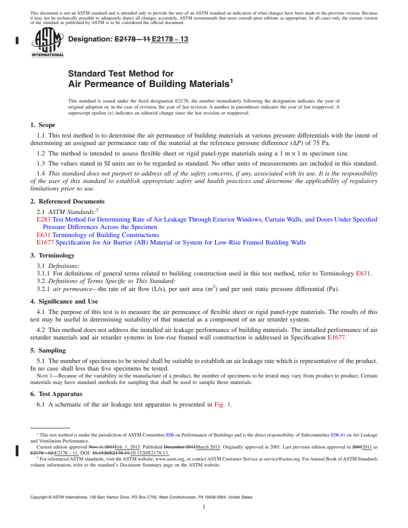 REDLINE ASTM E2178-13 - Standard Test Method for  Air Permeance of Building Materials