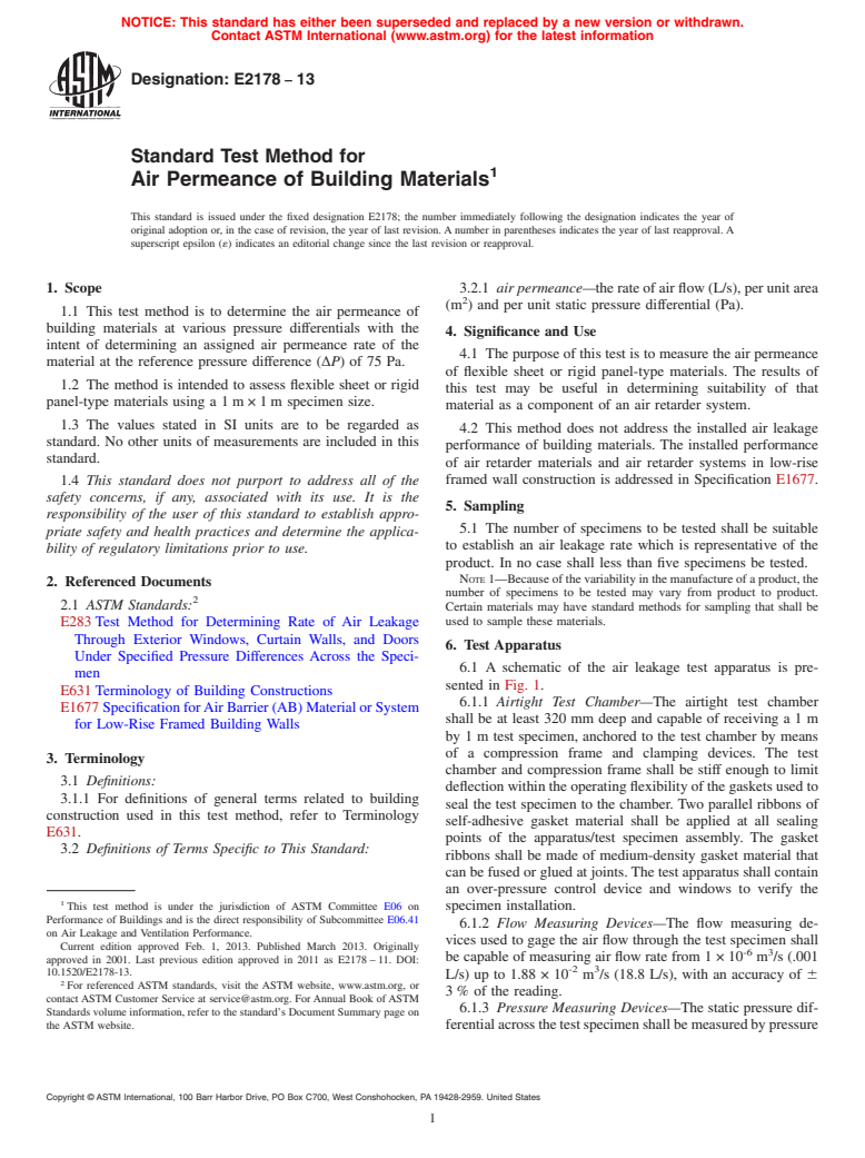 ASTM E2178-13 - Standard Test Method for  Air Permeance of Building Materials