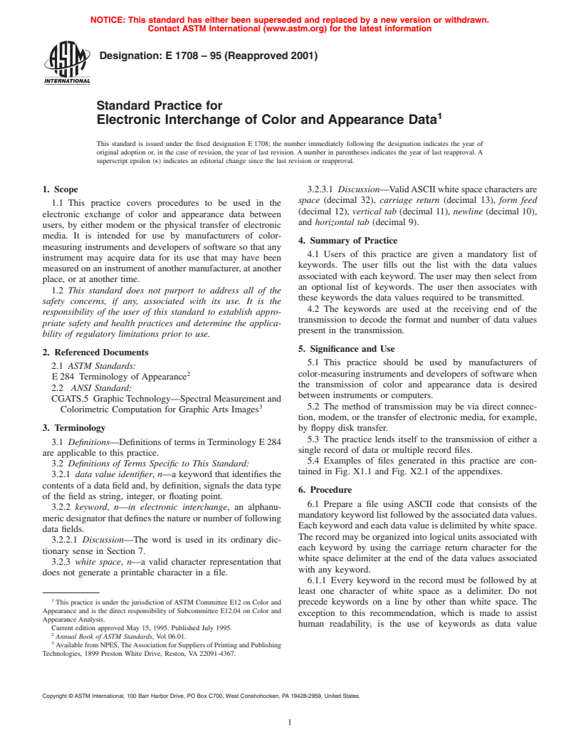 ASTM E1708-95(2001) - Standard Practice for Electronic Interchange of Color and Appearance Data