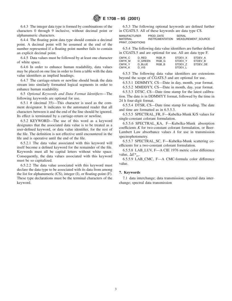 ASTM E1708-95(2001) - Standard Practice for Electronic Interchange of Color and Appearance Data