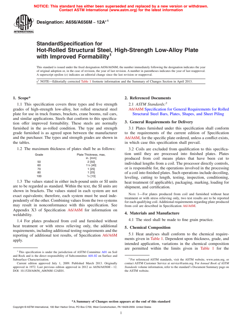 ASTM A656/A656M-12ae1 - Standard Specification for  Hot-Rolled Structural Steel, High-Strength Low-Alloy Plate  with Improved  Formability