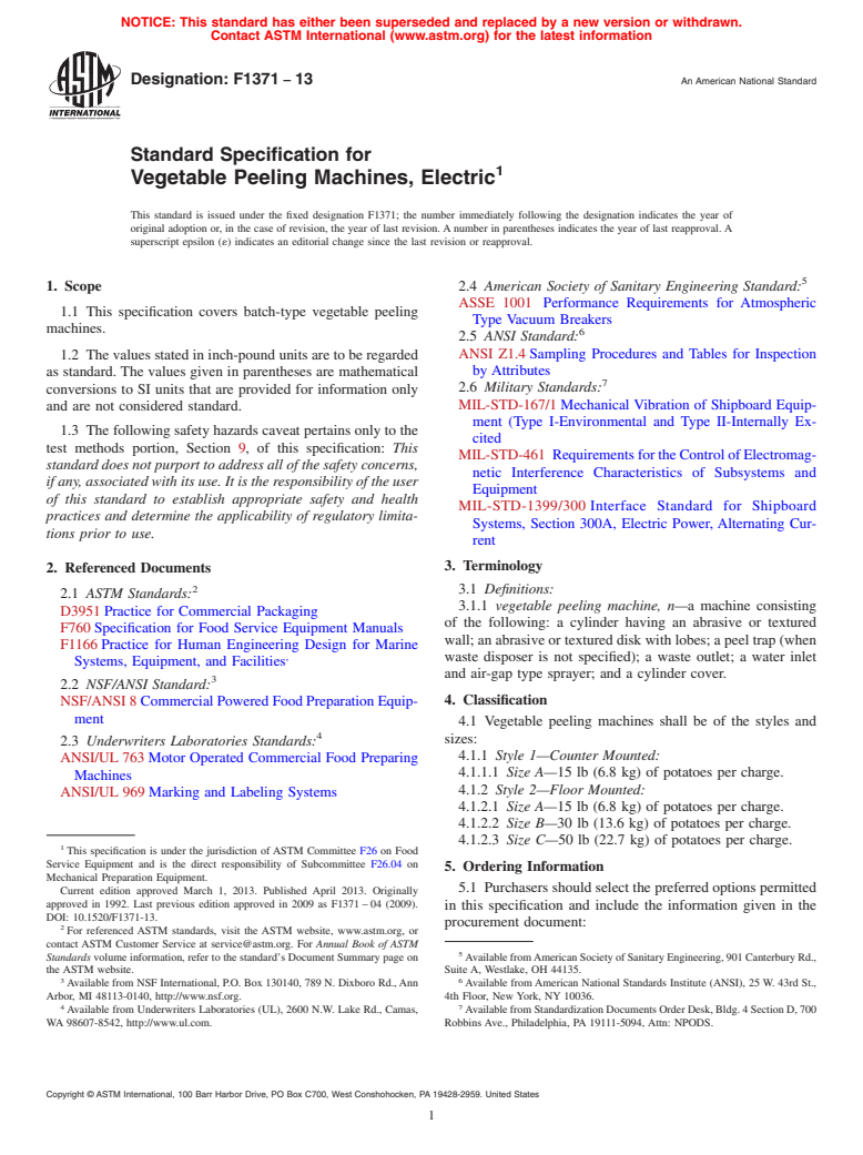 ASTM F1371-13 - Standard Specification for  Vegetable Peeling Machines, Electric