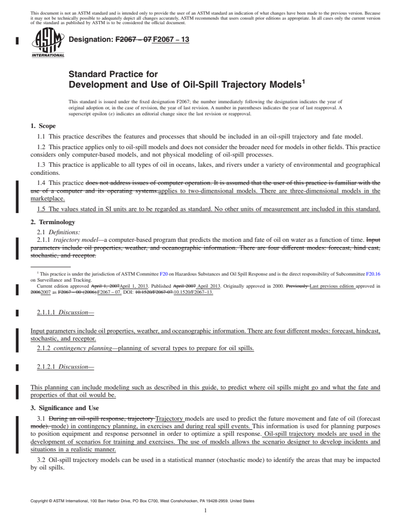 REDLINE ASTM F2067-13 - Standard Practice for  Development and Use of Oil-Spill Trajectory Models