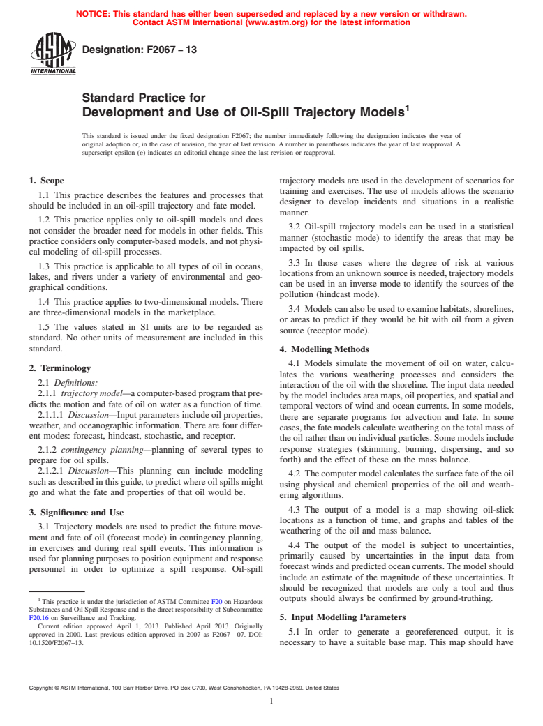 ASTM F2067-13 - Standard Practice for  Development and Use of Oil-Spill Trajectory Models