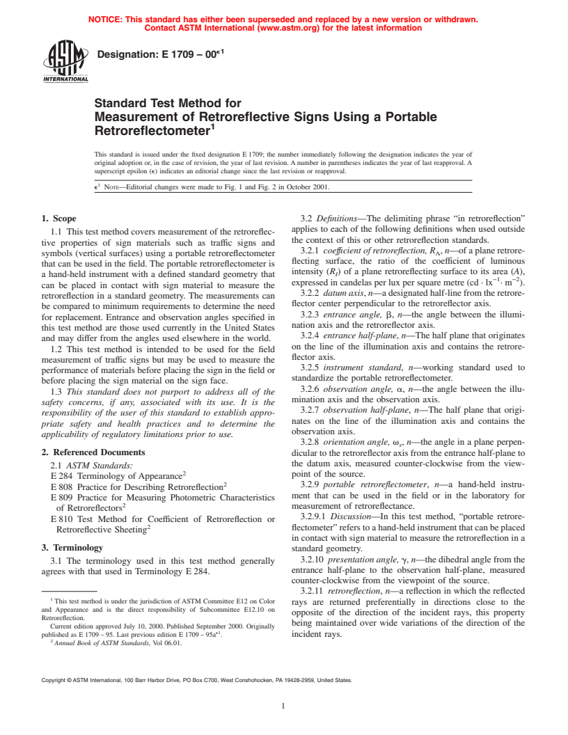 ASTM E1709-00e1 - Standard Test Method for Measurement of Retroreflective Signs Using a Portable Retroreflectometer