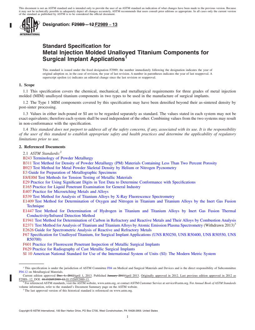 REDLINE ASTM F2989-13 - Standard Specification for Metal Injection Molded Unalloyed Titanium Components for Surgical  Implant Applications