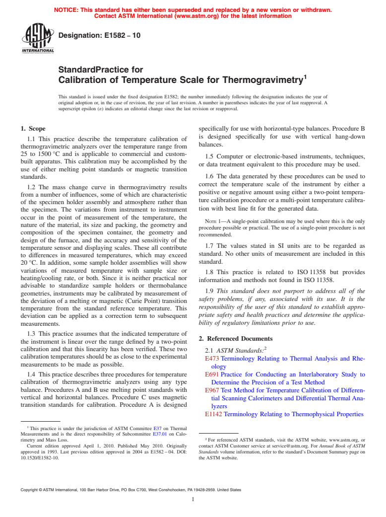 ASTM E1582-10 - Standard Practice for Calibration of Temperature Scale for Thermogravimetry