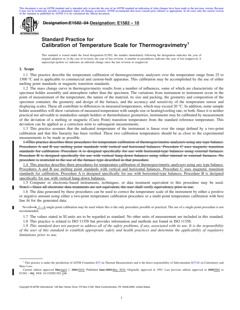 REDLINE ASTM E1582-10 - Standard Practice for Calibration of Temperature Scale for Thermogravimetry