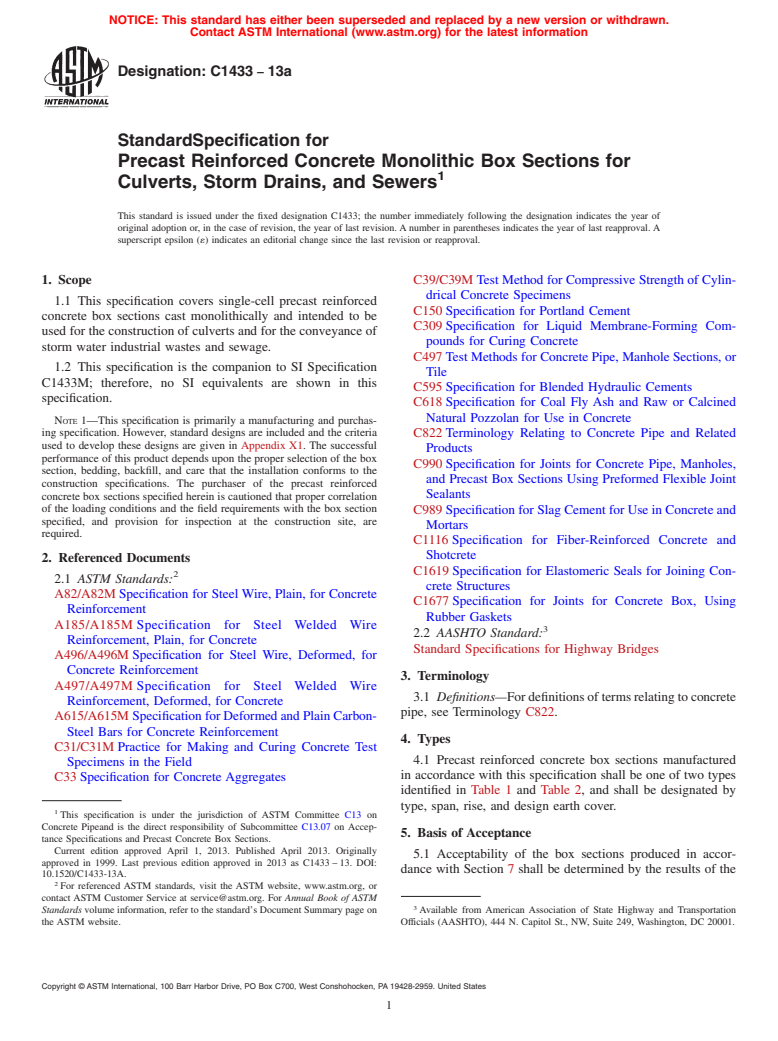 ASTM C1433-13a - Standard Specification for  Precast Reinforced Concrete Monolithic Box Sections for Culverts,   Storm Drains, and Sewers